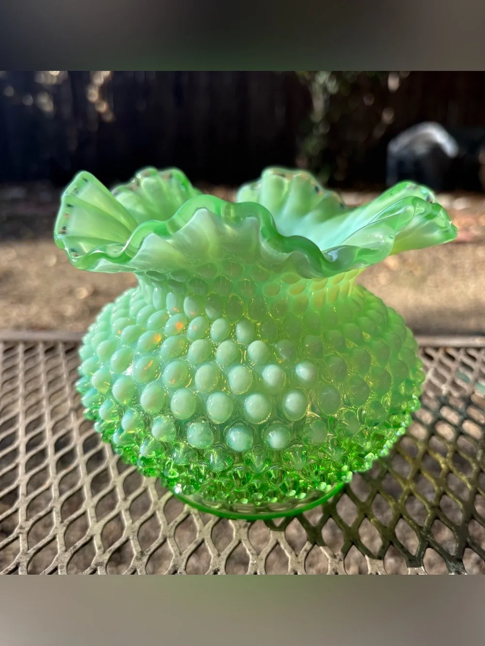 Fenton Rose Bowl Lime Green Opalescent Hobnail Glows!